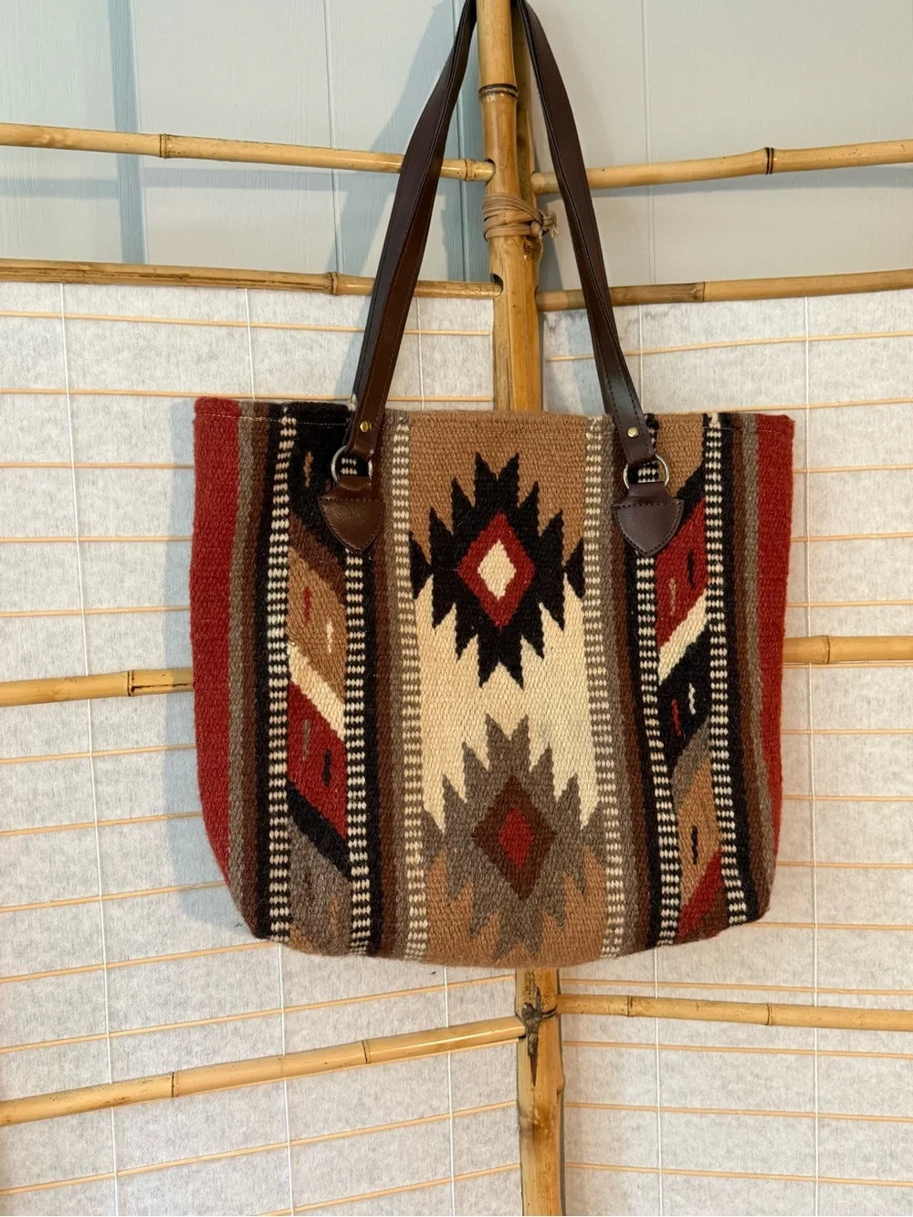 Southwestern Tote Bag in Brown and Red - 90% wool, made in India